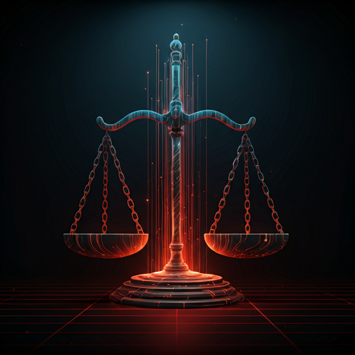 A futuristic 3D digital scale of justice made of glowing fiber optic lines and data streams